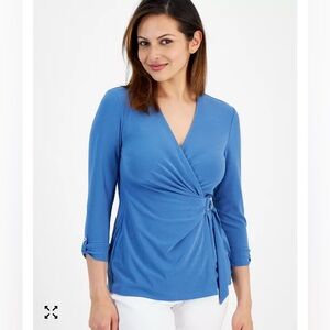 Jones New York‎ Petite Blue Wrap Top NWT 3/4 Sleeve D-Ring Office Chic
